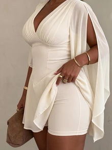 SHEIN Tall CURVE Plus Size Women's Solid Color Ruched V-Neck Split Sleeve Elegant Dress - Apricot - View 10