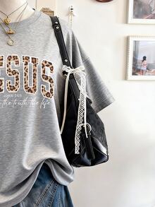 Lalippa JESUS Letter Print Oversized Loose Fit Mid-Length Round Neck Drop Shoulder Women T-Shirt, Gift For Friends - Grey - View 4