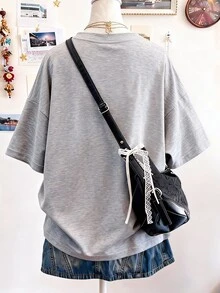 Lalippa JESUS Letter Print Oversized Loose Fit Mid-Length Round Neck Drop Shoulder Women T-Shirt, Gift For Friends - Grey - View 2