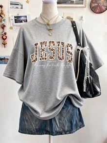 Lalippa JESUS Letter Print Oversized Loose Fit Mid-Length Round Neck Drop Shoulder Women T-Shirt, Gift For Friends - Grey - View 3