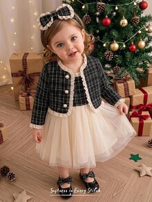 Cozy Pixies Baby Girl Elegant Cute Ruffle Trim Plaid Jacket With Black & White Mesh Dress Autumn/Winter Outfit - Black - View 1
