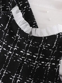 Cozy Pixies Baby Girl Elegant Cute Ruffle Trim Plaid Jacket With Black & White Mesh Dress Autumn/Winter Outfit - Black - View 5