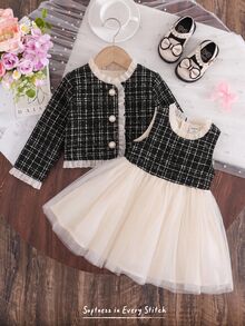 Cozy Pixies Baby Girl Elegant Cute Ruffle Trim Plaid Jacket With Black & White Mesh Dress Autumn/Winter Outfit - Black - View 7