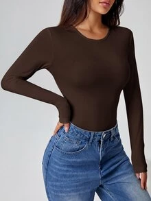SHEIN PETITE Solid Long Sleeve Slim Fit Dark Brown T-Shirt Jumpsuit Office Summer Casual - Red Violet - View 2