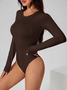 SHEIN PETITE Solid Long Sleeve Slim Fit Dark Brown T-Shirt Jumpsuit Office Summer Casual - Red Violet - View 6