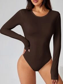 SHEIN PETITE Solid Long Sleeve Slim Fit Dark Brown T-Shirt Jumpsuit Office Summer Casual - Red Violet - View 9