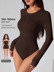 SHEIN PETITE Solid Long Sleeve Slim Fit Dark Brown T-Shirt Jumpsuit Office Summer Casual - Red Violet - View 5