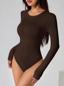SHEIN PETITE Solid Long Sleeve Slim Fit Dark Brown T-Shirt Jumpsuit Office Summer Casual - Red Violet - View 7