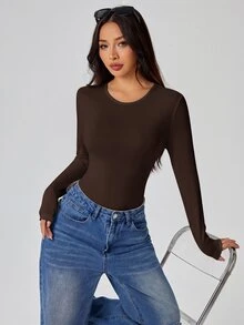 SHEIN PETITE Solid Long Sleeve Slim Fit Dark Brown T-Shirt Jumpsuit Office Summer Casual - Red Violet - View 1