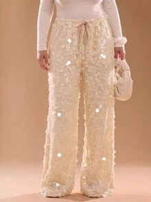 SHEIN Tall CURVE Plus Size Women Solid Color Waist Tie Sequin Wide Leg Loose Long Pants - Apricot - View 9