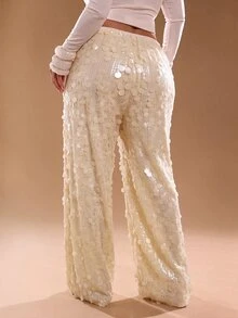 SHEIN Tall CURVE Plus Size Women Solid Color Waist Tie Sequin Wide Leg Loose Long Pants - Apricot - View 8