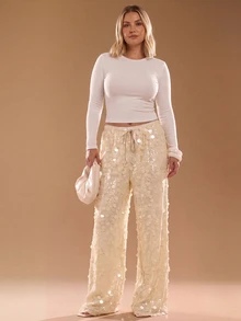 SHEIN Tall CURVE Plus Size Women Solid Color Waist Tie Sequin Wide Leg Loose Long Pants - Apricot - View 7