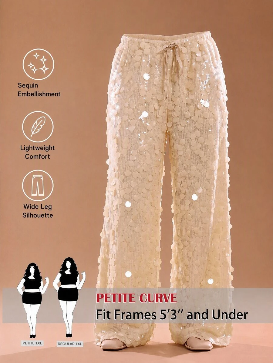 SHEIN Tall CURVE Quần dài ống rộng suông rộng nữ big size màu trơn, thắt eo, đính sequin - Màu be - Xem 1