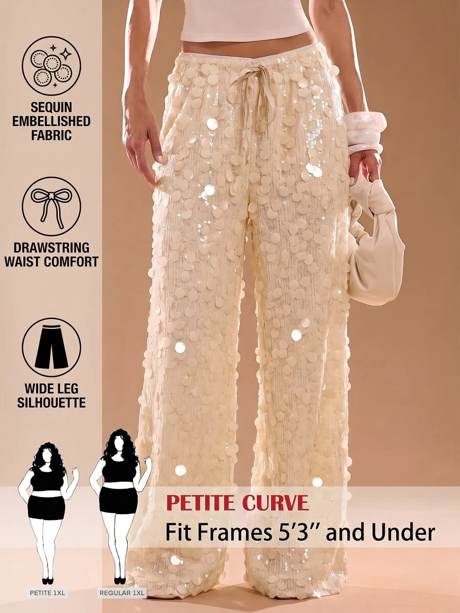 SHEIN Tall CURVE Plus Size Women Solid Color Waist Tie Sequin Wide Leg Loose Long Pants - Apricot - View 1