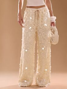 SHEIN Tall CURVE Plus Size Women Solid Color Waist Tie Sequin Wide Leg Loose Long Pants - Apricot - View 10