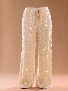 SHEIN Tall CURVE Plus Size Women Solid Color Waist Tie Sequin Wide Leg Loose Long Pants - Apricot - View 4