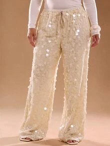 SHEIN Tall CURVE Plus Size Women Solid Color Waist Tie Sequin Wide Leg Loose Long Pants - Apricot - View 5