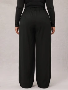 SHEIN Tall CURVE Plus Size Women's Solid Color Pocket Wide Leg Loose Casual Long Pants - Dark Grey - View 6