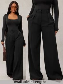 SHEIN Tall CURVE Plus Size Women's Solid Color Pocket Wide Leg Loose Casual Long Pants - Dark Grey - View 9