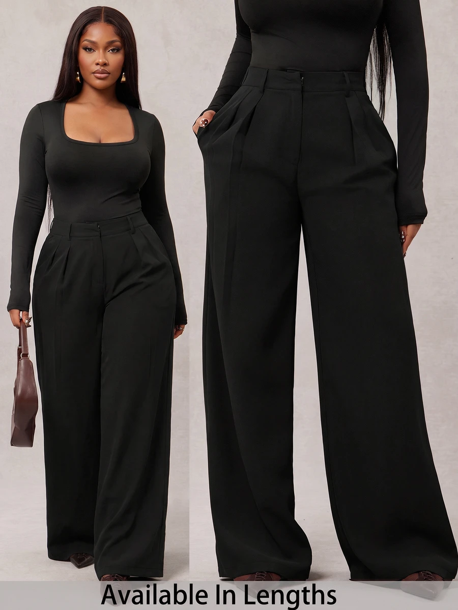 SHEIN Tall CURVE Plus Size Women's Solid Color Pocket Wide Leg Loose Casual Long Pants - Dark Grey - View 1