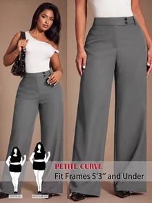 SHEIN PETITE CURVE Plus Size Women's Solid Color Waist Button Design Wide Leg Long Pants - Grey - View 2