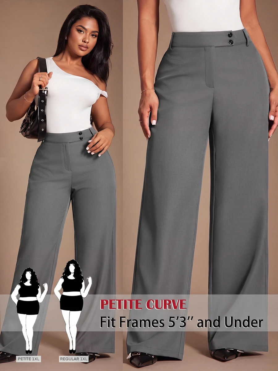 SHEIN PETITE CURVE Plus Size Women's Solid Color Waist Button Design Wide Leg Long Pants - Grey - View 1