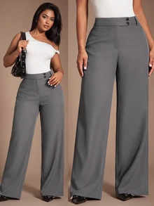 SHEIN PETITE CURVE Plus Size Women's Solid Color Waist Button Design Wide Leg Long Pants - Grey - View 4