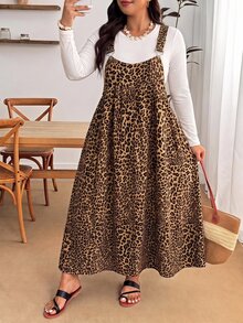 SHEIN PETITE CURVE Plus Size Women's Leopard Print Cinched Waist Ruffle Hem Cami Dress - Red - View 3