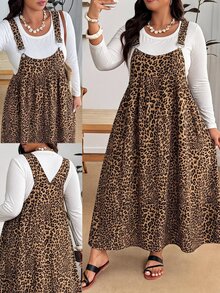 SHEIN PETITE CURVE Plus Size Women's Leopard Print Cinched Waist Ruffle Hem Cami Dress - Red - View 8