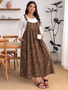 SHEIN PETITE CURVE Plus Size Women's Leopard Print Cinched Waist Ruffle Hem Cami Dress - Red - View 7