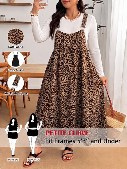 SHEIN PETITE CURVE Plus Size Women's Leopard Print Cinched Waist Ruffle Hem Cami Dress