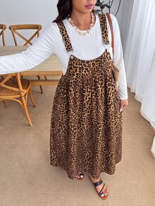 SHEIN PETITE CURVE Plus Size Women's Leopard Print Cinched Waist Ruffle Hem Cami Dress - Red - View 10