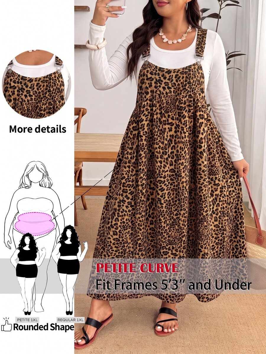 SHEIN PETITE CURVE 大尺碼女款豹紋收腰荷葉邊下擺細肩帶洋裝 - 紅色 - 查看 1