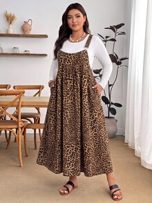 SHEIN PETITE CURVE Plus Size Women's Leopard Print Cinched Waist Ruffle Hem Cami Dress - Red - View 4