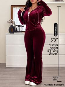 SHEIN PETITE CURVE Plus Size Women's Long Sleeve Zip-Up Hooded Jacket And Pants 2 Pieces Set - Burgundy - View 2