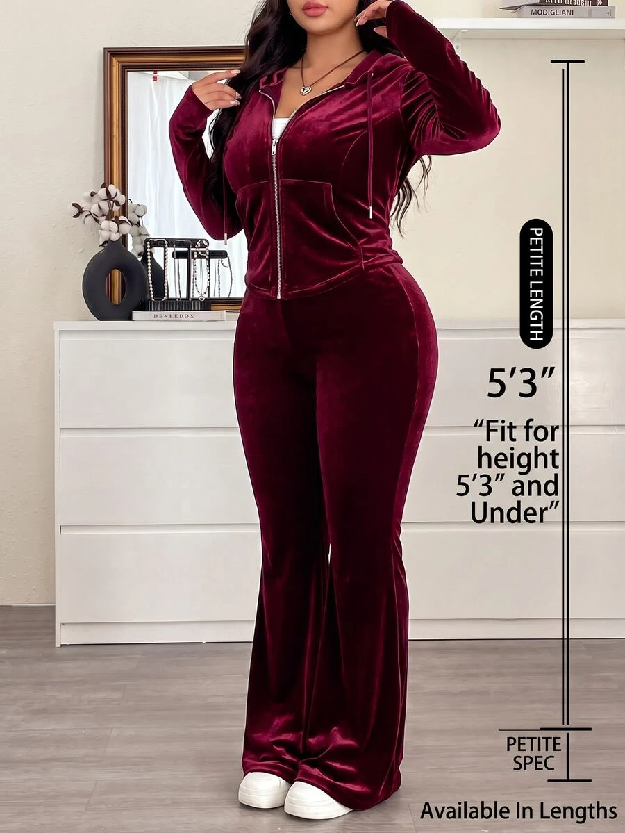 SHEIN PETITE CURVE 大尺碼女款長袖拉鍊連帽外套與長褲兩件套 - 酒紅色 - 查看 1