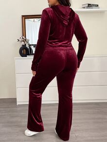 SHEIN PETITE CURVE Plus Size Women's Long Sleeve Zip-Up Hooded Jacket And Pants 2 Pieces Set - Burgundy - View 8