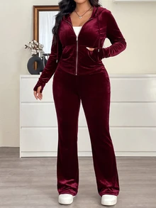 SHEIN PETITE CURVE Plus Size Women's Long Sleeve Zip-Up Hooded Jacket And Pants 2 Pieces Set - Burgundy - View 7