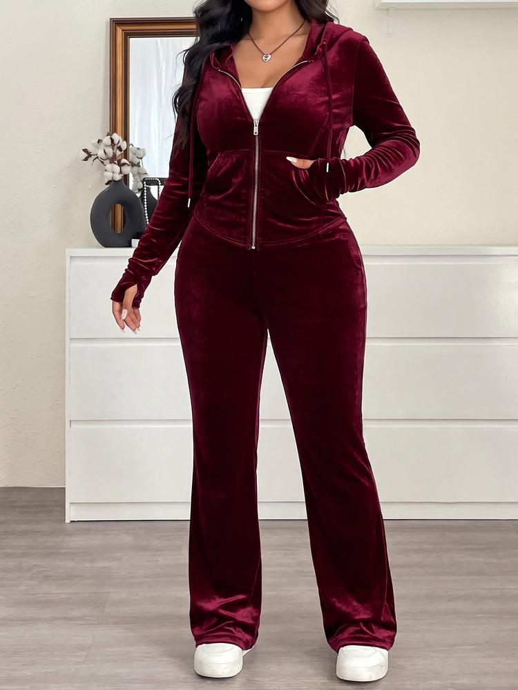 SHEIN PETITE CURVE 大尺碼女款長袖拉鍊連帽外套與長褲兩件套 - 酒紅色 - 查看 7