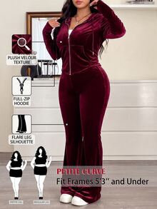 SHEIN PETITE CURVE Plus Size Women's Long Sleeve Zip-Up Hooded Jacket And Pants 2 Pieces Set - Burgundy - View 1