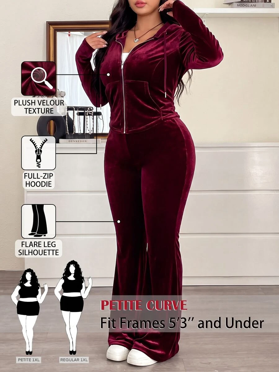 SHEIN PETITE CURVE Plus Size Women's Long Sleeve Zip-Up Hooded Jacket And Pants 2 Pieces Set - Burgundy - View 1