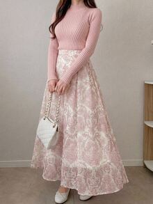 DAZY 夏季女款優雅純色立領上衣與花卉A字裙兩件套，婚禮賓客女裙 - 粉色 - 查看 6