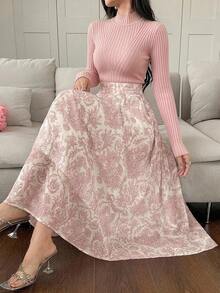 DAZY 夏季女款優雅純色立領上衣與花卉A字裙兩件套，婚禮賓客女裙 - 粉色 - 查看 5