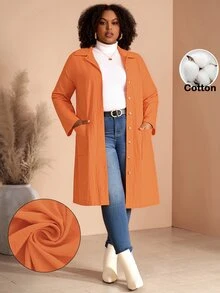 EMERY ROSE Plus Size Women's Autumn/Winter Casual Vacation Country Double Pocket Button Placket Midi Coat Fall Clothes Solid Orange Vintage Halloween Office Work - Orange - View 1