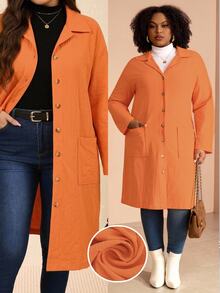 EMERY ROSE Plus Size Women's Autumn/Winter Casual Vacation Country Double Pocket Button Placket Midi Coat Fall Clothes Solid Orange Vintage Halloween Office Work - Orange - View 11