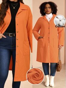 EMERY ROSE Plus Size Women's Autumn/Winter Casual Vacation Country Double Pocket Button Placket Midi Coat Fall Clothes Solid Orange Vintage Halloween Office Work - Orange - View 9