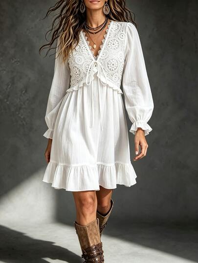 Breezaya Vestido corto de mujer estilo muñeca con cuello en V, blanco puro, casual para vacaciones, con patchwork de encaje, hombros regulares, mangas largas de pétalo, patchwork de encaje en el pecho, cintura con lazo largo, bajo con volantes y silueta A