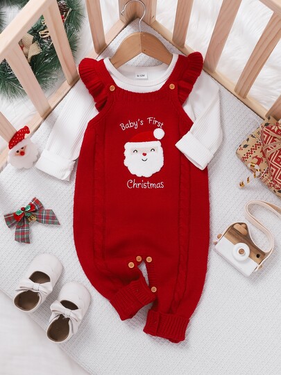 SHEIN Baby Girls Newborn Red Christmas Knit Romper, Knit Jumpsuit, Knit Overalls, Knit Jumpsuit, Autumn/Winter, Party Christmas Holiday