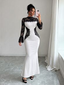 Modelyn Elegant High-End Lady Style Lace Patchwork Hollow Contrast Color Long Sleeve Slim Fit Flattering Women's Formal Long Dress - Black and White - View 6
