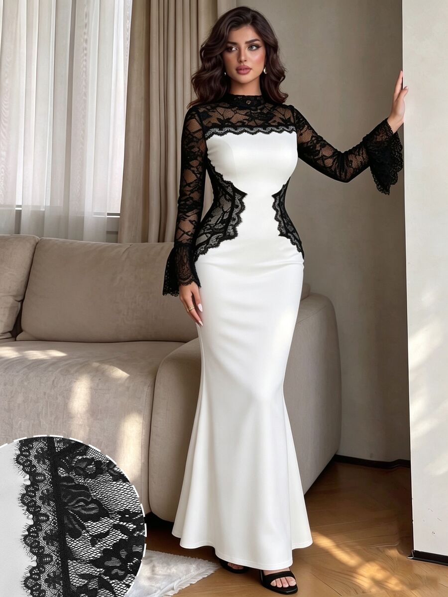 Modelyn Elegant High-End Lady Style Lace Patchwork Hollow Contrast Color Long Sleeve Slim Fit Flattering Women's Formal Long Dress